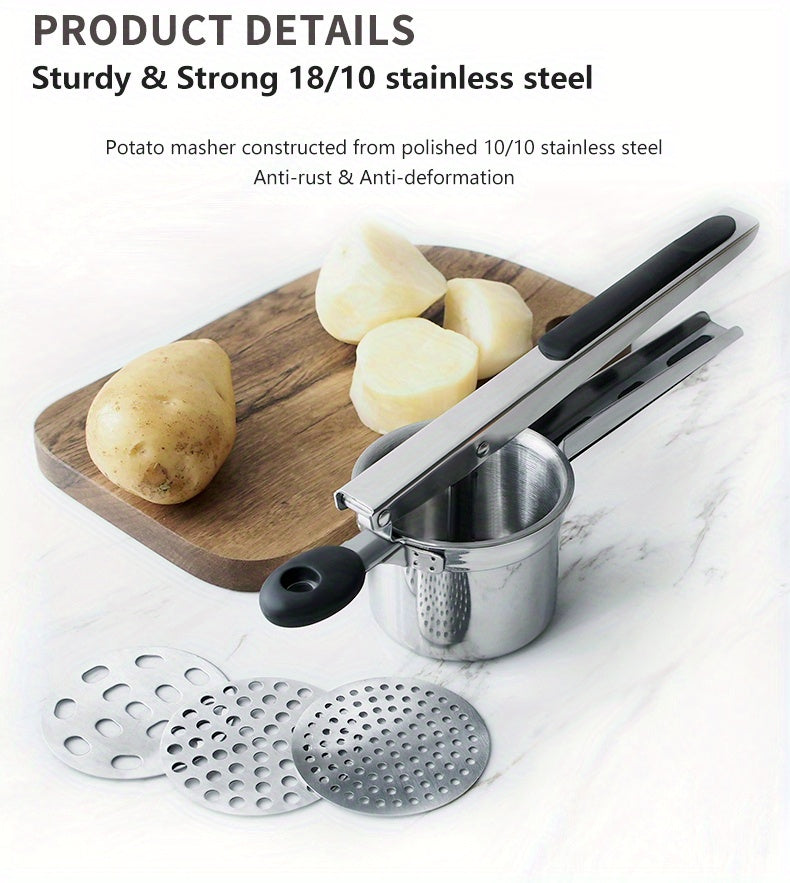 Stainless Steel Potato Ricer with Hanging Hook,3 Interchangeable Discs Heavy Duty Potato Press,Mashed Potato & Spaetzle Maker,Easy Hang Storage Potato Masher for Fluffy Creamy Mashed Potatoes Kitchen Gadget