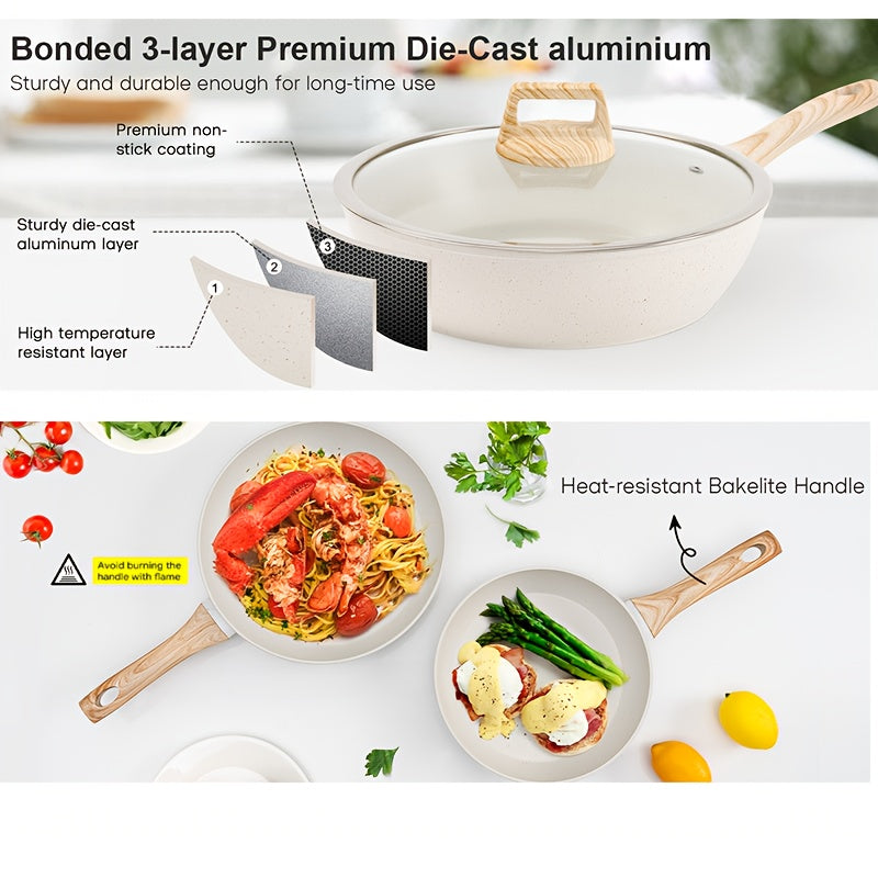 Granite Non-Stick 12Pcs Pots & Pans Set | Induction All Stovetop Cookware Kit with Lids & Pan Protectors, Durable Complete Cooking Set