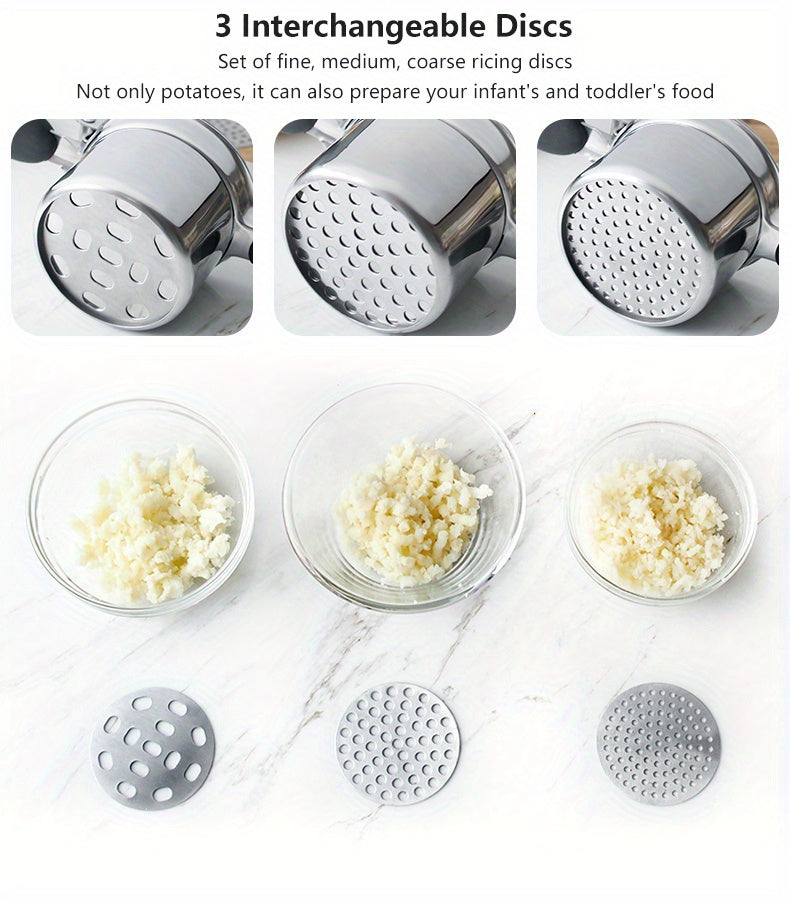 Stainless Steel Potato Ricer with Hanging Hook,3 Interchangeable Discs Heavy Duty Potato Press,Mashed Potato & Spaetzle Maker,Easy Hang Storage Potato Masher for Fluffy Creamy Mashed Potatoes Kitchen Gadget