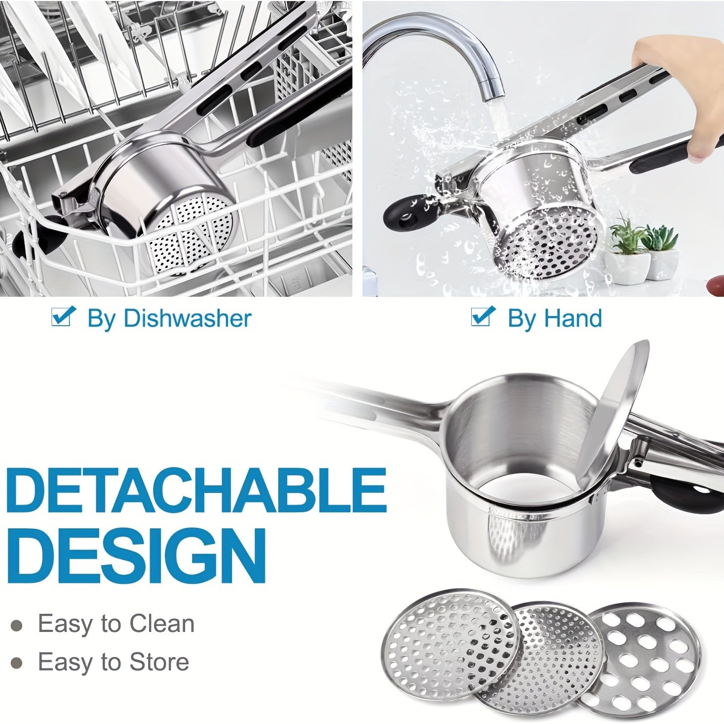 Stainless Steel Potato Ricer with Hanging Hook,3 Interchangeable Discs Heavy Duty Potato Press,Mashed Potato & Spaetzle Maker,Easy Hang Storage Potato Masher for Fluffy Creamy Mashed Potatoes Kitchen Gadget