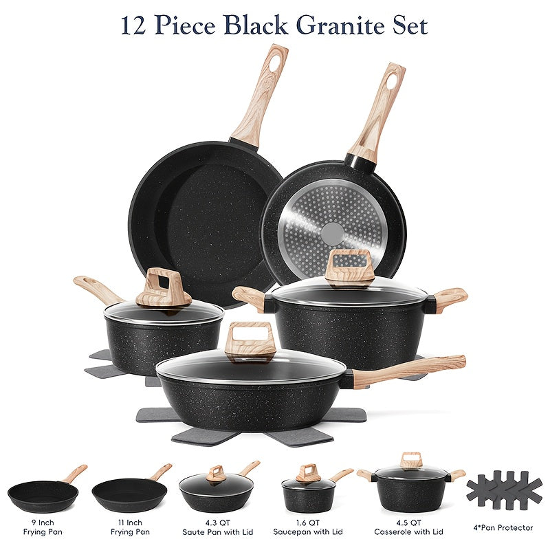 Granite Non-Stick 12Pcs Pots & Pans Set | Induction All Stovetop Cookware Kit with Lids & Pan Protectors, Durable Complete Cooking Set