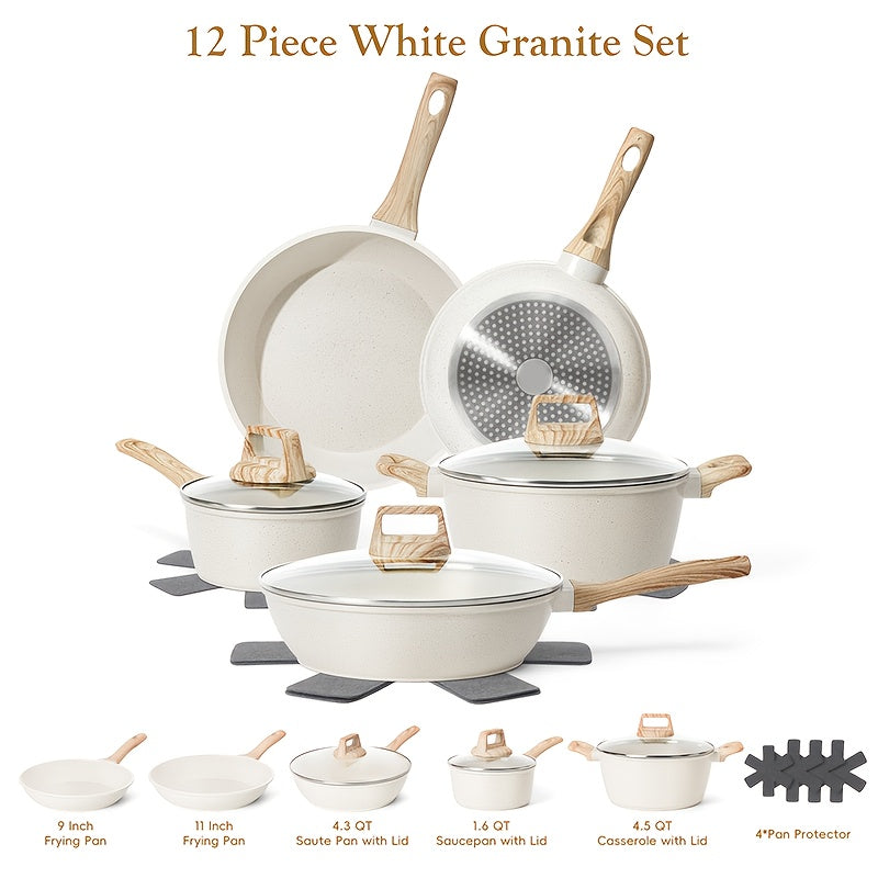 Granite Non-Stick 12Pcs Pots & Pans Set | Induction All Stovetop Cookware Kit with Lids & Pan Protectors, Durable Complete Cooking Set