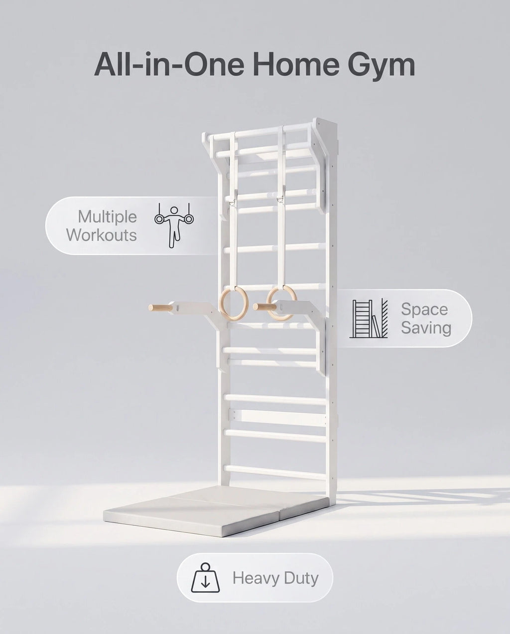 Wall Mounted Wooden Stall Bars Gym with Gym Rings & Foldable Exercise Mat