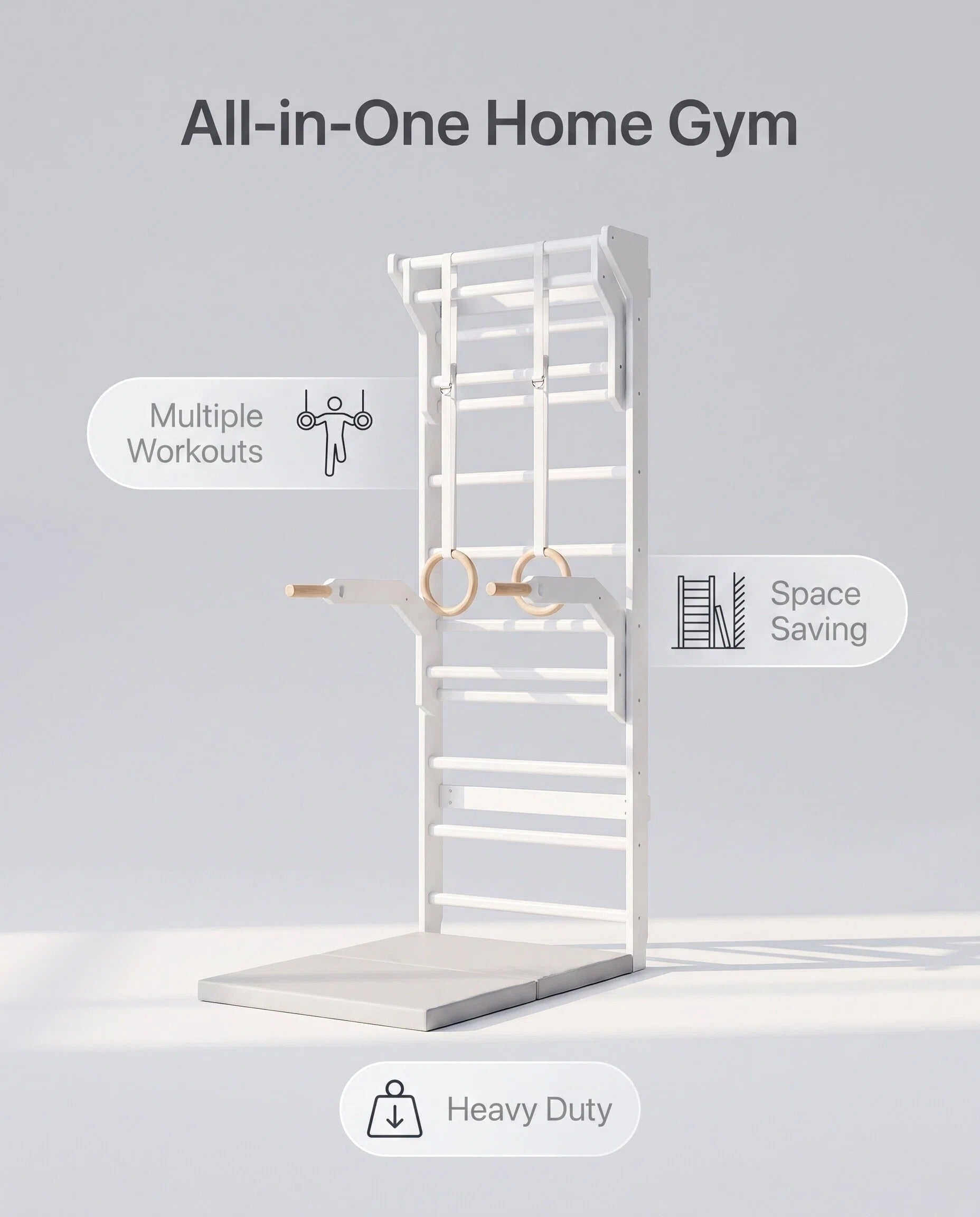 Wall Mounted Wooden Stall Bars Gym with Gym Rings & Foldable Exercise Mat