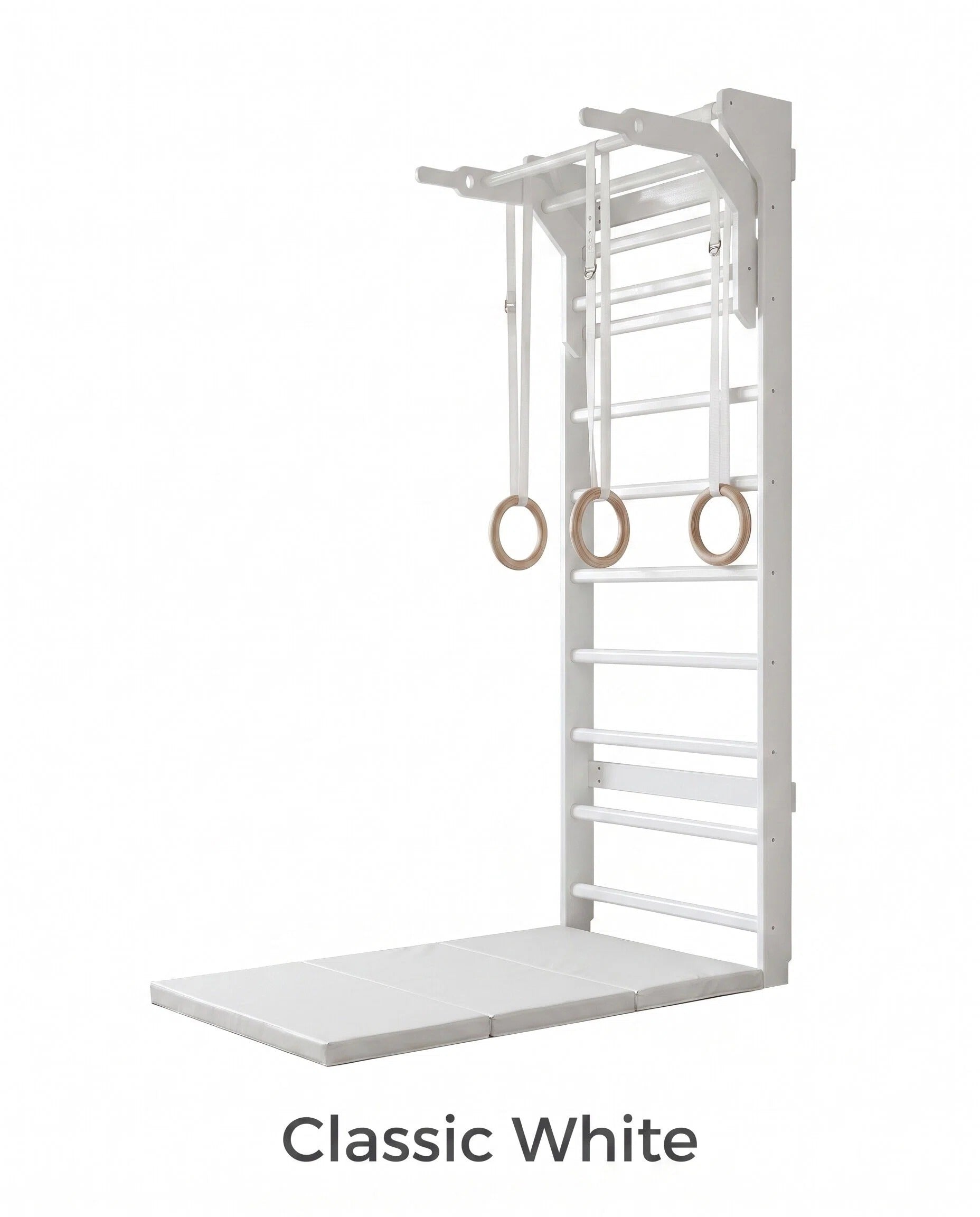 Wall Mounted Wooden Stall Bars Gym with Gym Rings & Foldable Exercise Mat