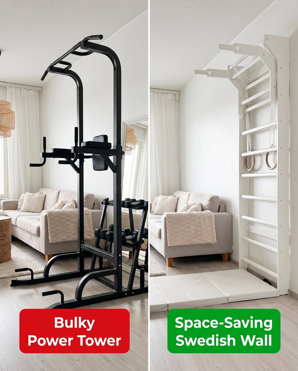Wall Mounted Wooden Stall Bars Gym with Gym Rings & Foldable Exercise Mat