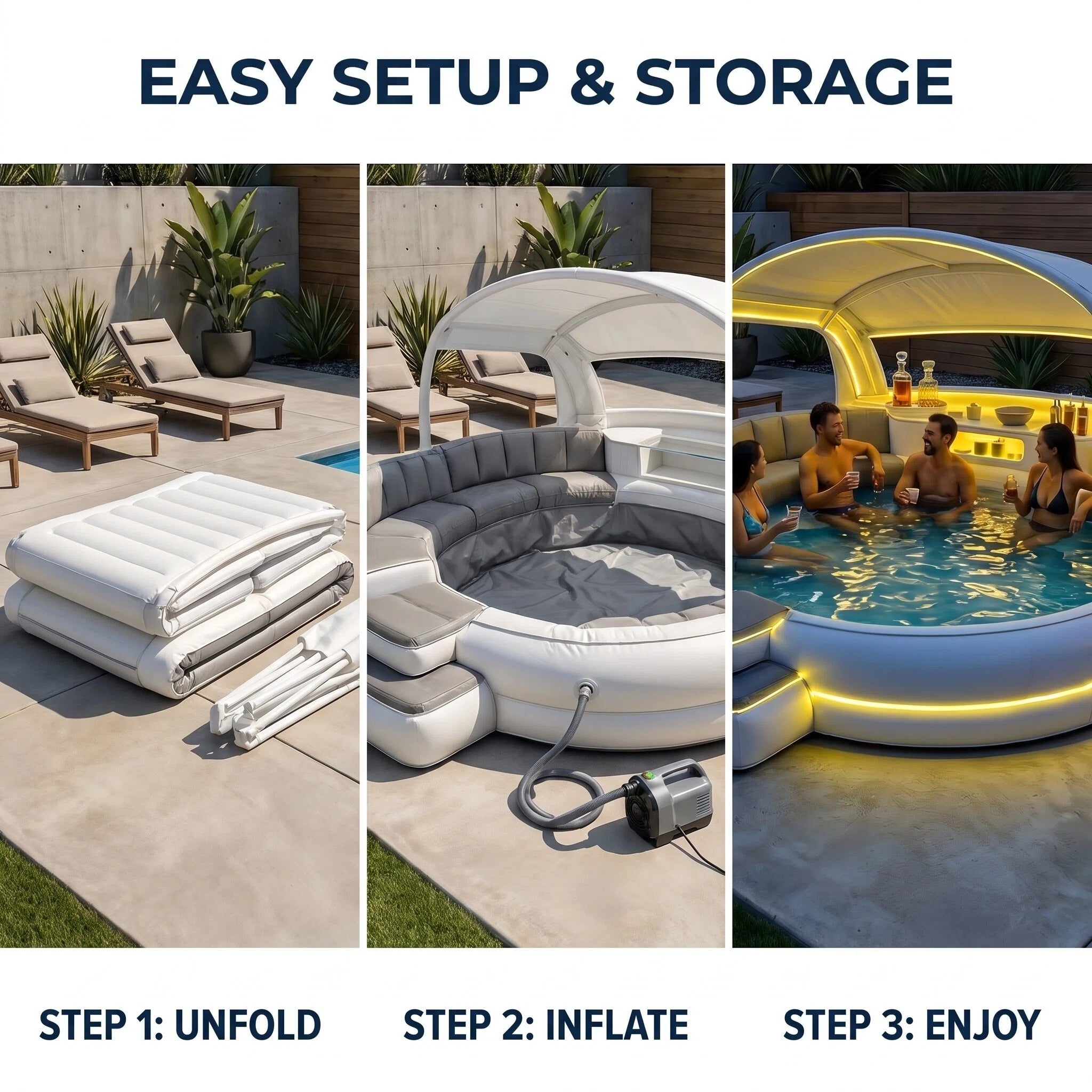 utdoor Oversized Inflatable Swim Pool With Shade Canopy Cushioned Seating Patio Spa