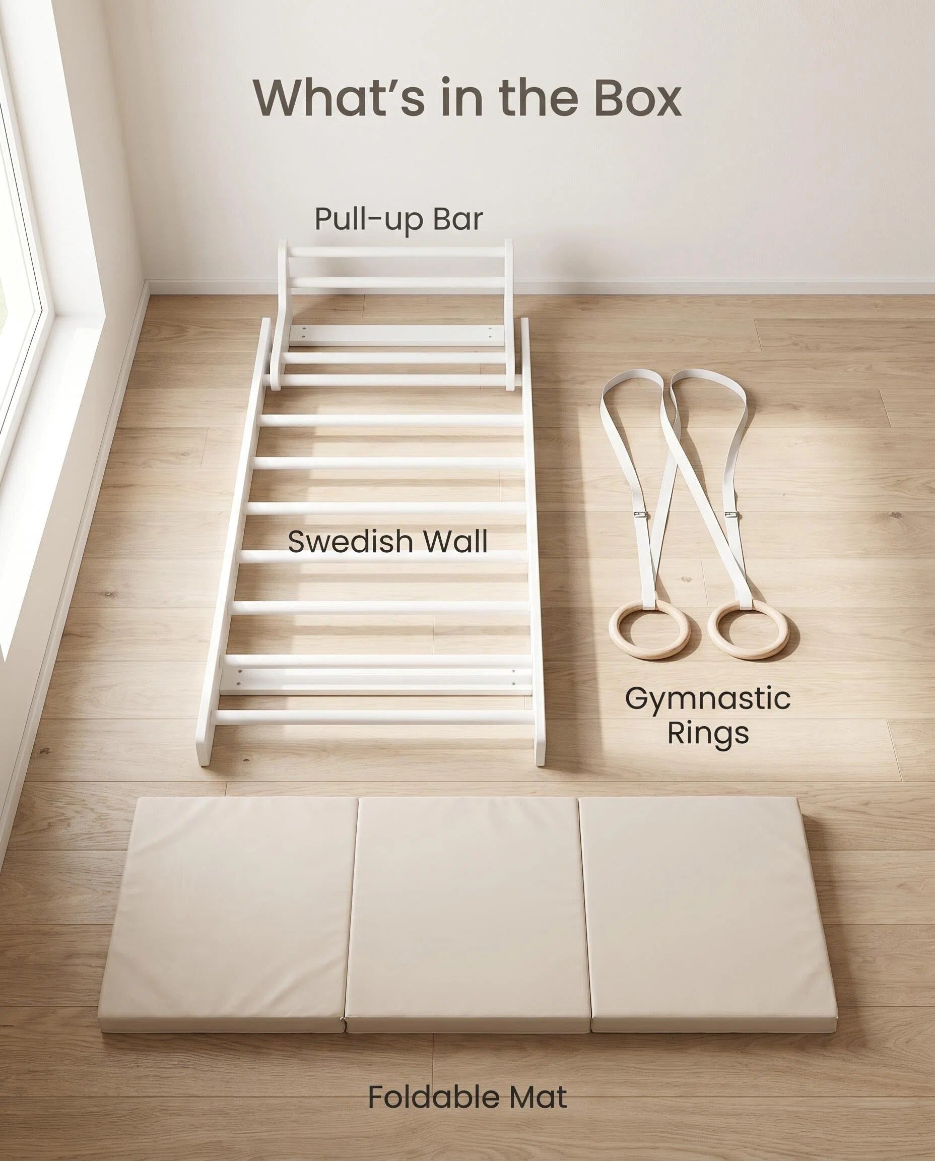Wall Mounted Wooden Stall Bars Gym with Gym Rings & Foldable Exercise Mat