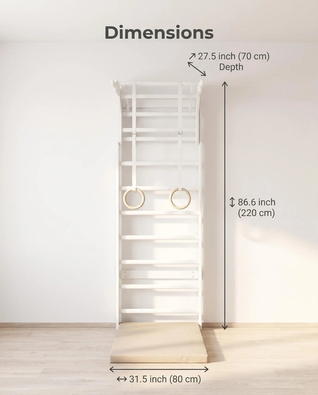 Wall Mounted Wooden Stall Bars Gym with Gym Rings & Foldable Exercise Mat