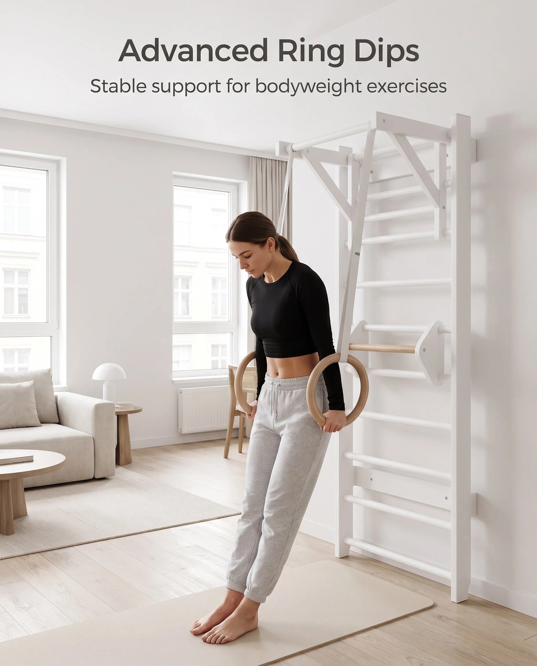 Wall Mounted Wooden Stall Bars Gym with Gym Rings & Foldable Exercise Mat