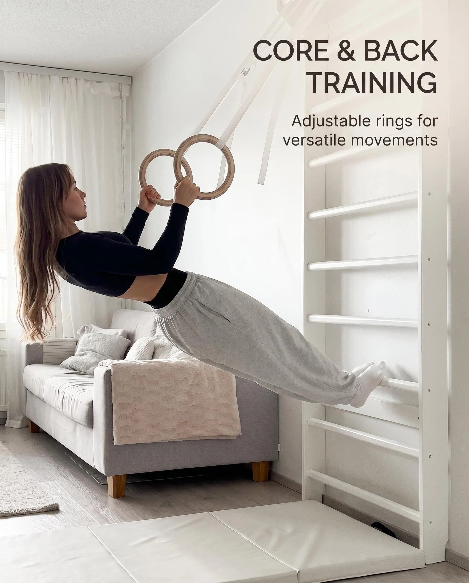 Wall Mounted Wooden Stall Bars Gym with Gym Rings & Foldable Exercise Mat