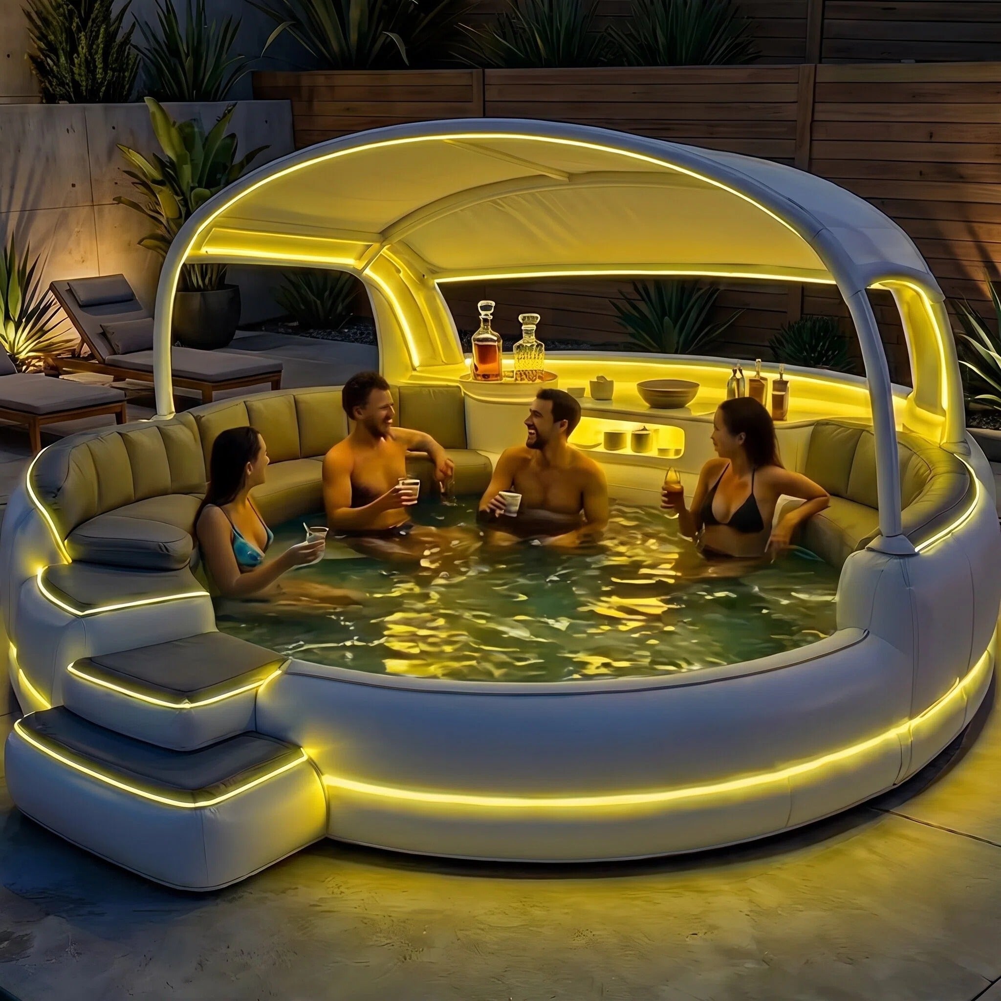 utdoor Oversized Inflatable Swim Pool With Shade Canopy Cushioned Seating Patio Spa